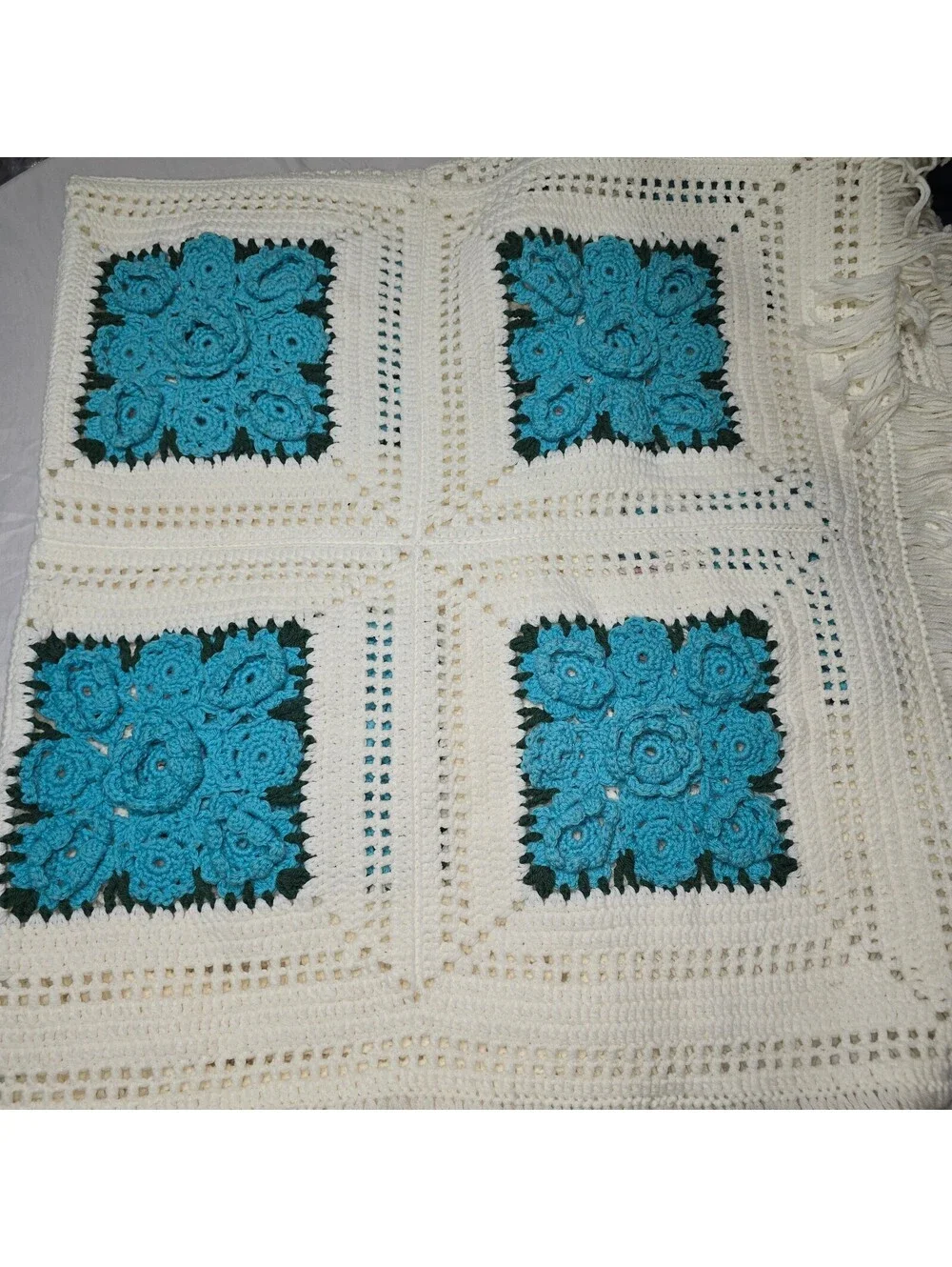 Beautiful Handmade Vintage-Style 3D Rose Crochet Afghan Throw Blanket
